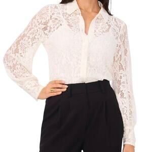 Vince Camuto Women’s Lace Overlay Button Down Top Ivory Size M